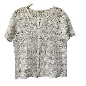 Vintage Hand Crocheted Cardigan Women XL Cream Floral Medallion Button Front